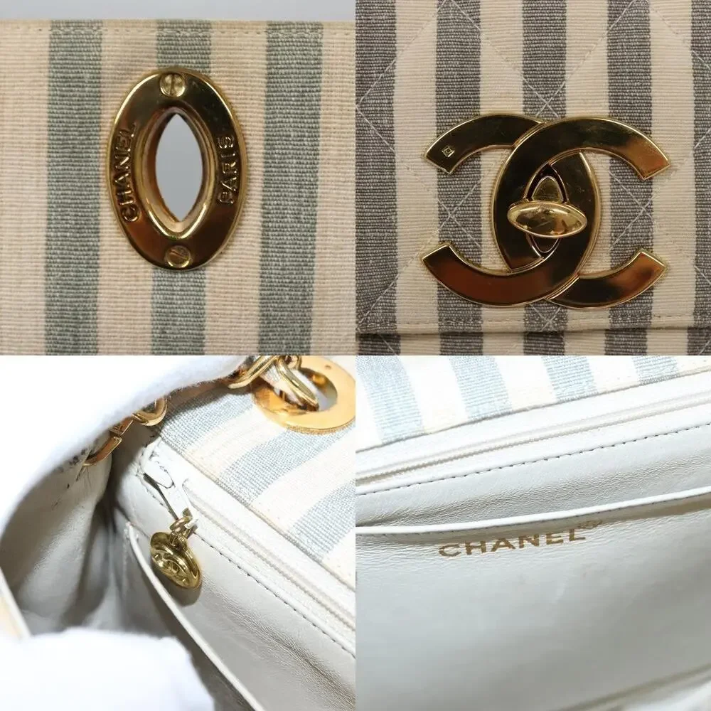 Chanel Canvas Striped Matelasse Chain Shoulder Bag White